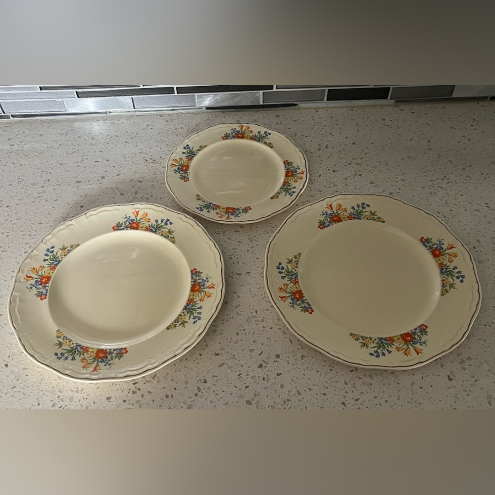 Vintage Floral Cream Dinner Plate Set - Cream with Orange & Blue Accents